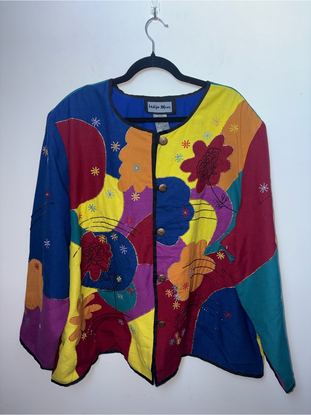 Vintage Indigo Moon Colorful Patchwork Embroidered Floral Jacket Size 3X